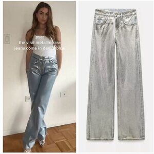 Zara Metallic Silver Flare Jeans